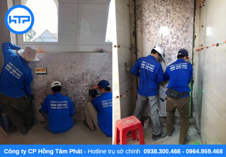 Đội ngũ thi công Hồng Tâm Phát tiến hành ốp lát gạch cho khu vực phòng tắm