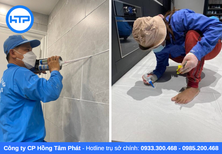 Đội thi công ron men sứ HTP đang bơm keo đặc chuyên cho vách và bơm keo lỏng chuyên cho sàn