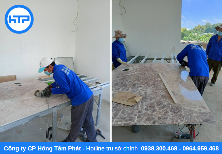 Đội ngũ thi công Hồng Tâm Phát tiến hành dùng máy cắt chuyên dụng để khoan và mài mép gạch
