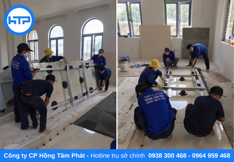 Đội thi công ốp lát Hồng Tâm Phát thi công gạch khổ lớn cho sàn nhà biệt thự Tân Cảng