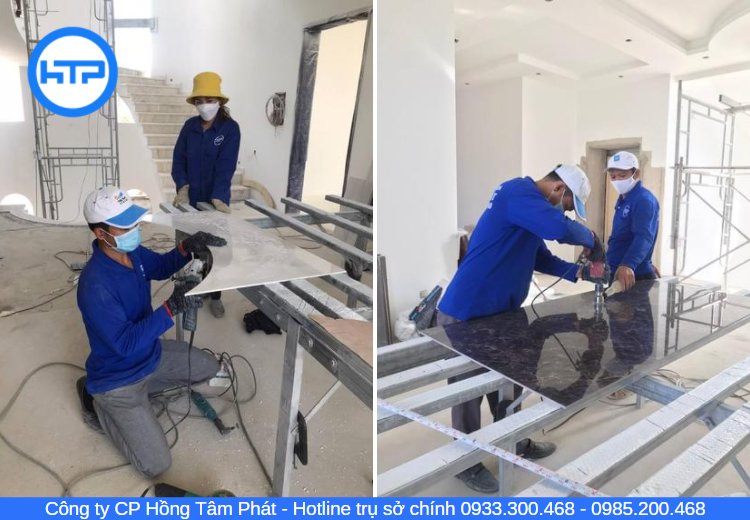 Đội ngũ thi công Hồng Tâm Phát cắt gạch chuyên nghiệp không bị bể gạch hay hụt gạch
