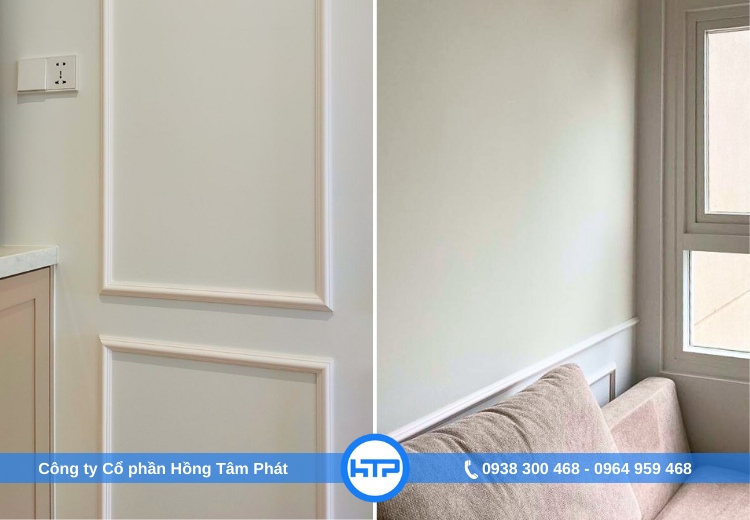 Sơn tường đồng bộ tone trắng nhẹ với phần trần giúp căn phòng bắt sáng tốt hơn
