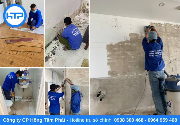  Thợ ốp lát gạch của Hồng Tâm Phát thực hiện công tác đục sàn, tường, xây tô, cán nền