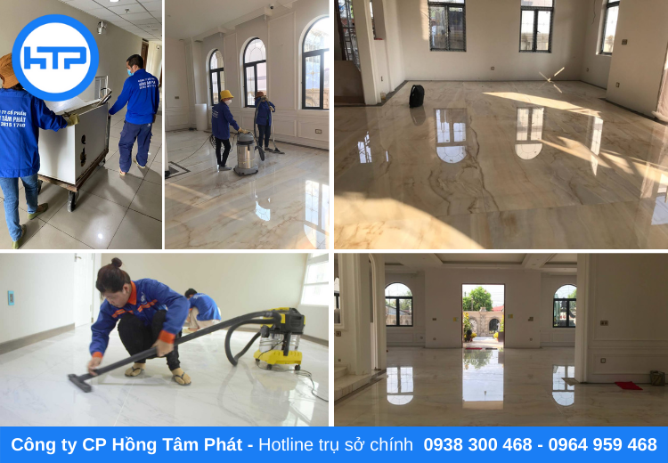Thợ ốp lát gạch của Hồng Tâm Phát làm công tác vệ sinh công nghiệp trước khi bàn giao