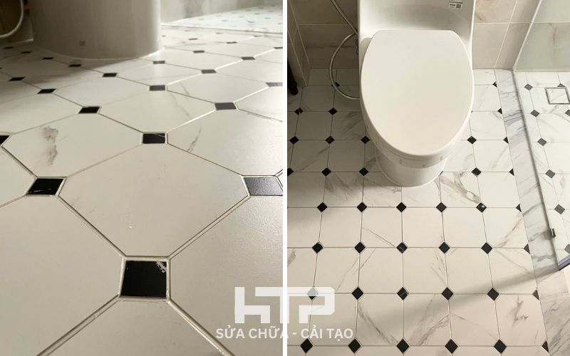 Cận cảnh gạch sàn gạch mosaic WC với đường ron nhũ kim tuyến bạc trang trí