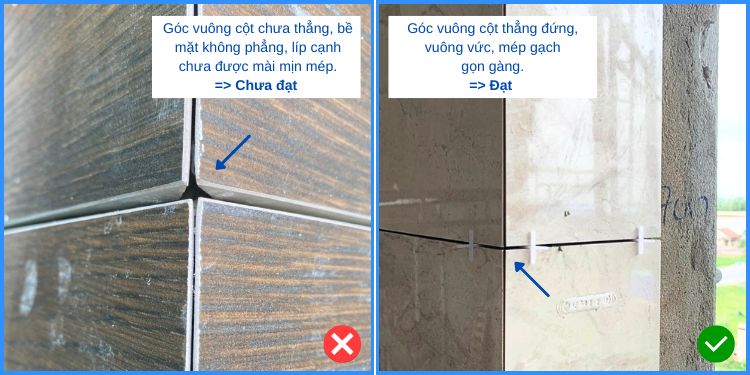 Thi công góc vuông cột thẳng đứng và sắc nét ở vị trí giáp mí hở đều 2mm