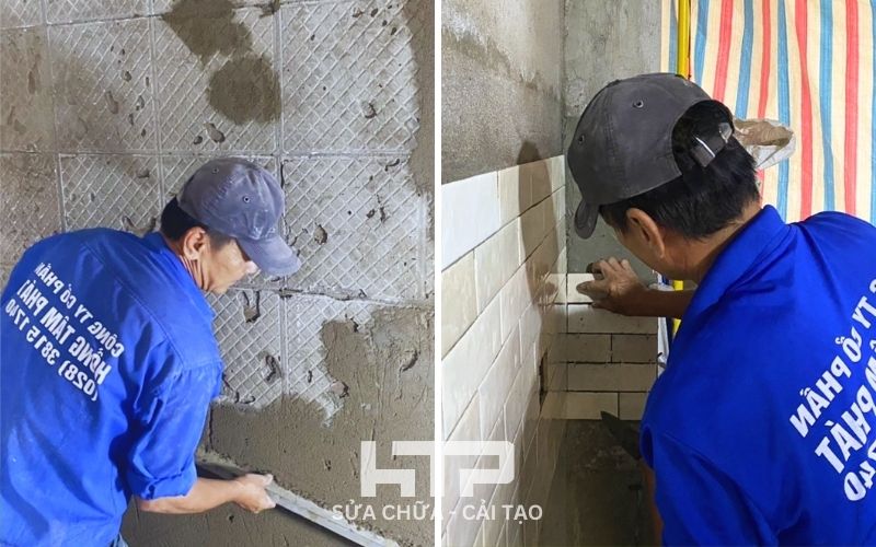 Đội ngũ “Tam chuyên” HTP thực hiện kỹ thuật ốp lát gạch phòng bếp chuẩn 96 điểm