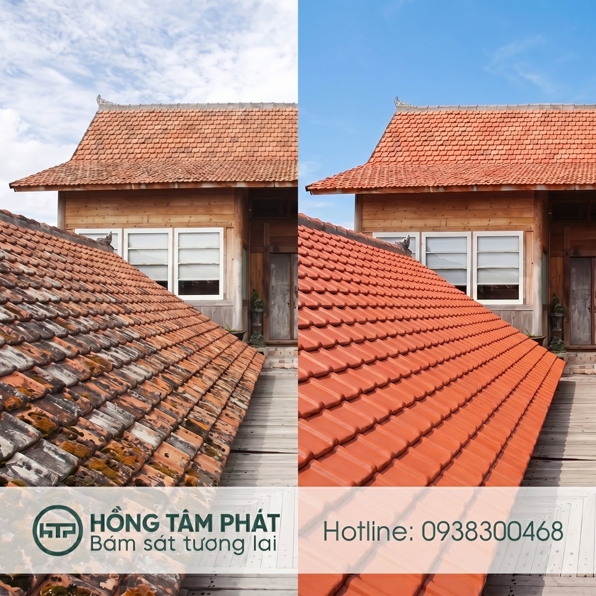 Ảnh chụp trước sau kết quả sau khi sơn ngói sạch bong rêu mốc.