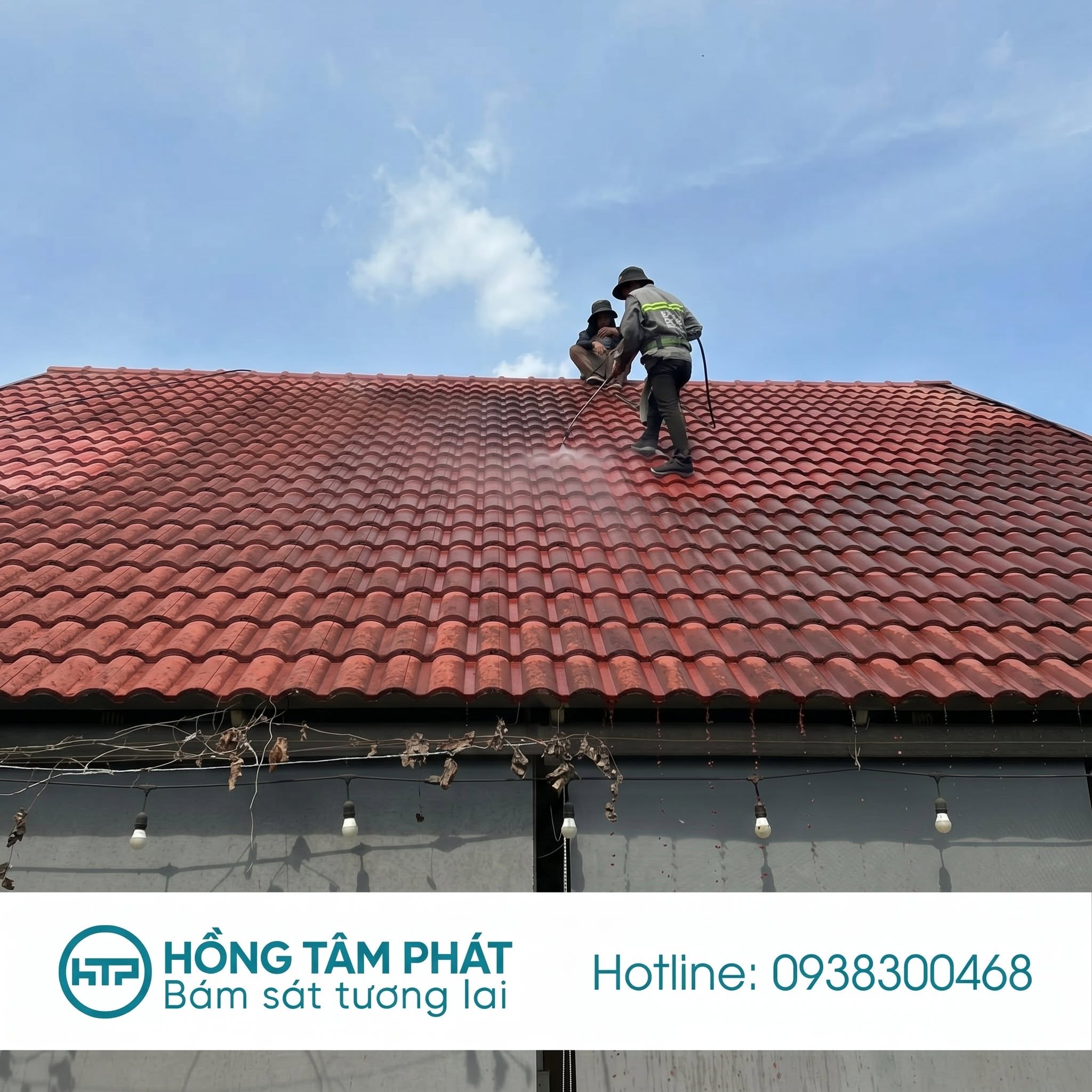 Hình ảnh thực tế quá trình vệ sinh mái ngói, loại bỏ rong rêu.