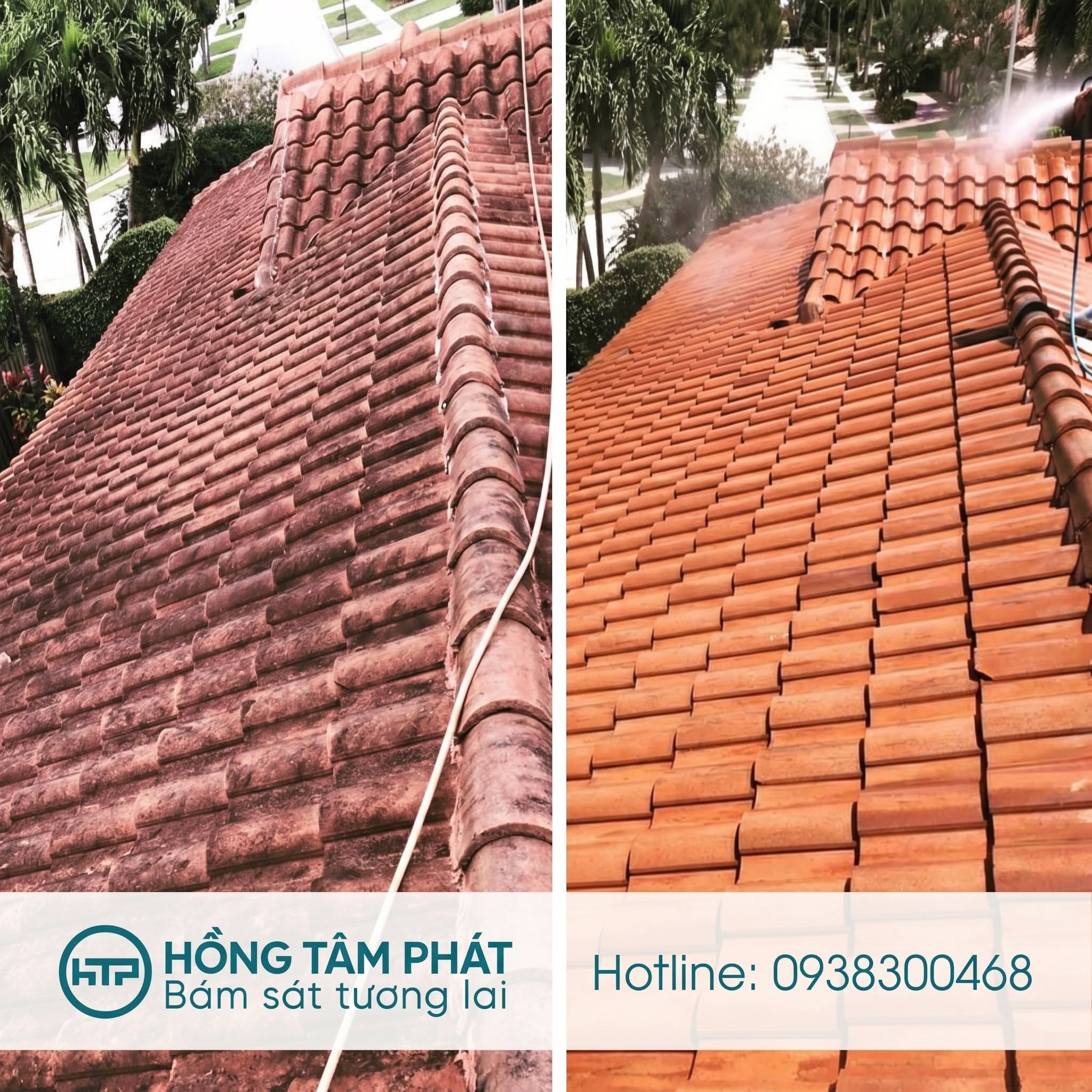 Hình ảnh so sánh thực tế mái ngói sau khi vệ sinh và sau khi sơn phục hồi, cho thấy sự khác biệt rõ rệt về màu sắc, độ sạch và tính thẩm mỹ của mái nhà.