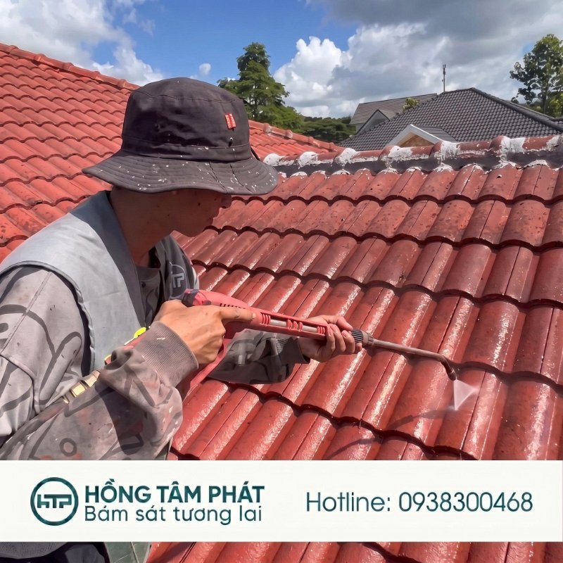 Đội ngũ thợ đang Thi Công Sơn Mái Ngói Tại Bình Dương đạt chuẩn chất lượng cao.