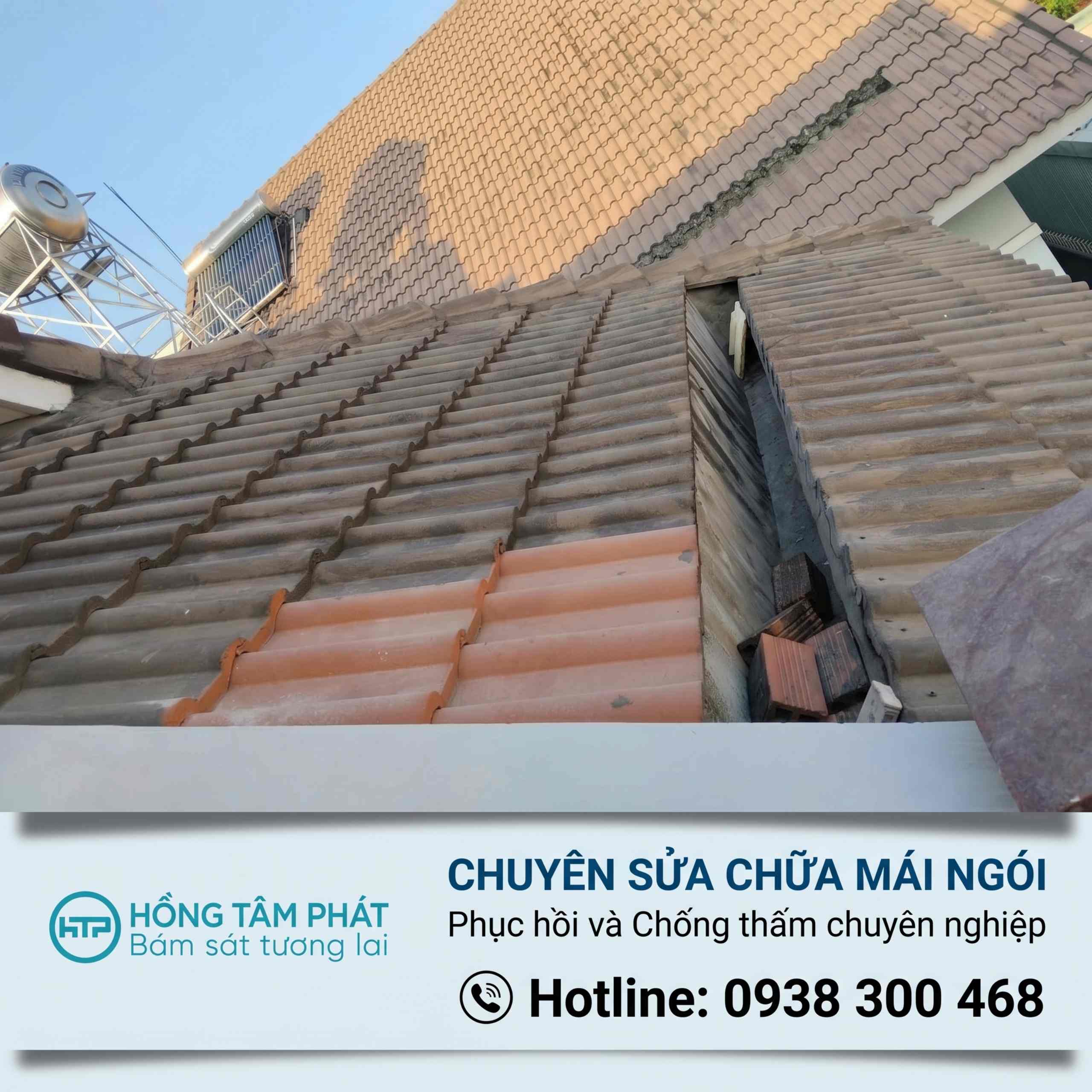 Trước tiên, thợ kiểm tra và tiến hành sửa chữa 2 viên ngói bị nứt vỡ.
