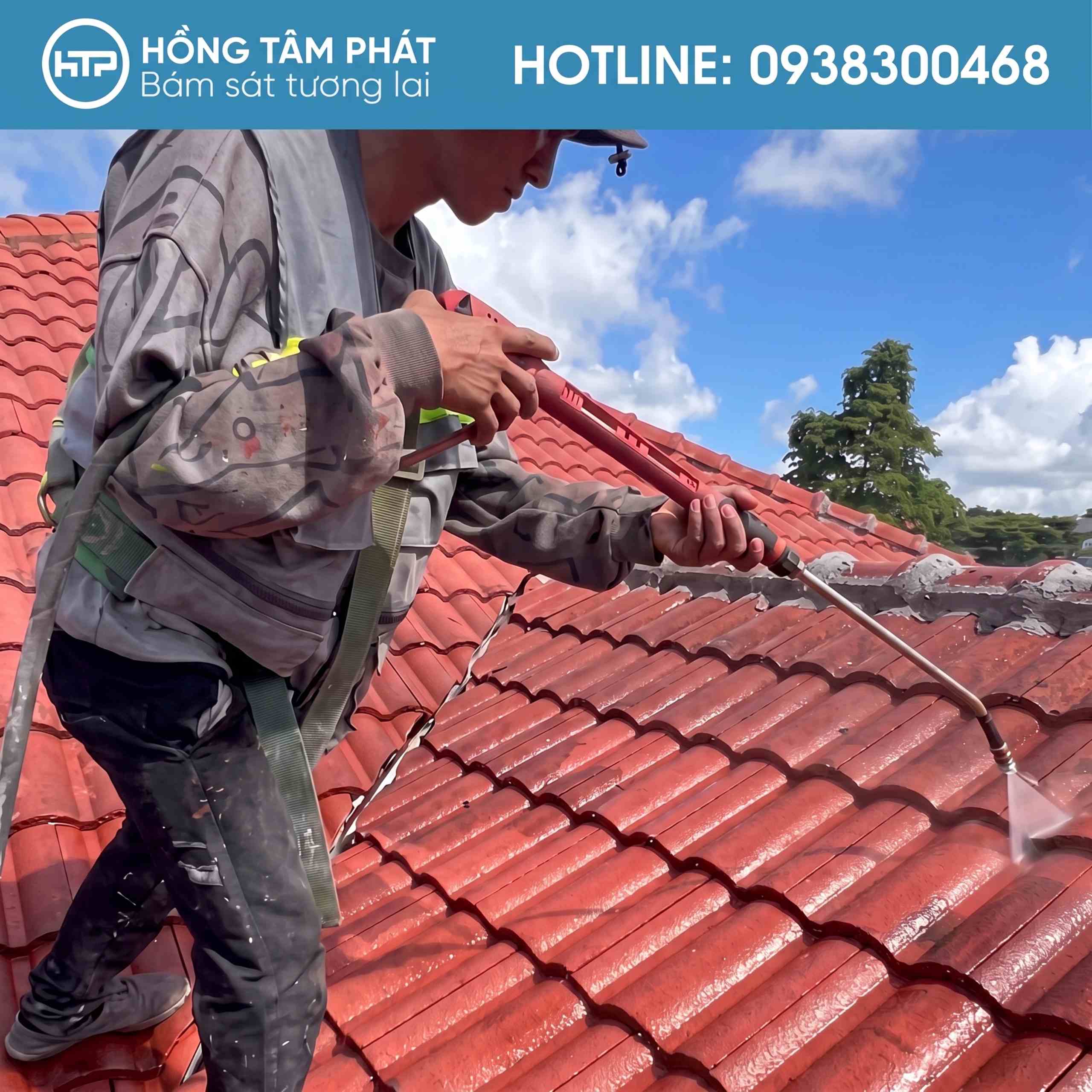 Đội thợ bắt đầu vệ sinh mái ngói để loại bỏ hết bụi bẩn và rêu mốc.