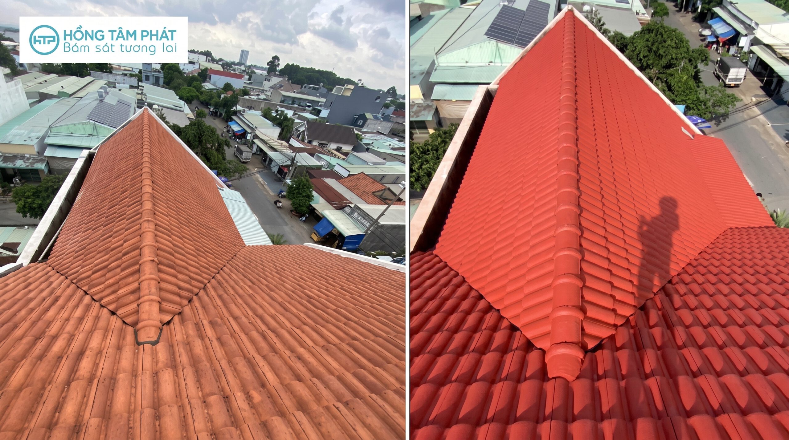 Hình ảnh thực tế nét đẹp mái ngói sau khi được vệ sinh và sơn mới lại.