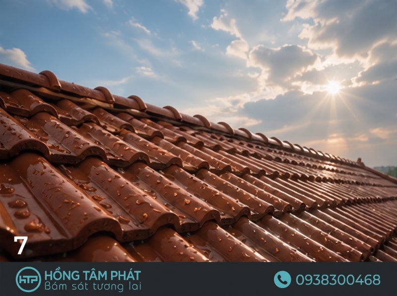 Cận cảnh góc nhìn từ dưới sân ngước lên nhìn mái ngói được sơn phủ láng mịn.