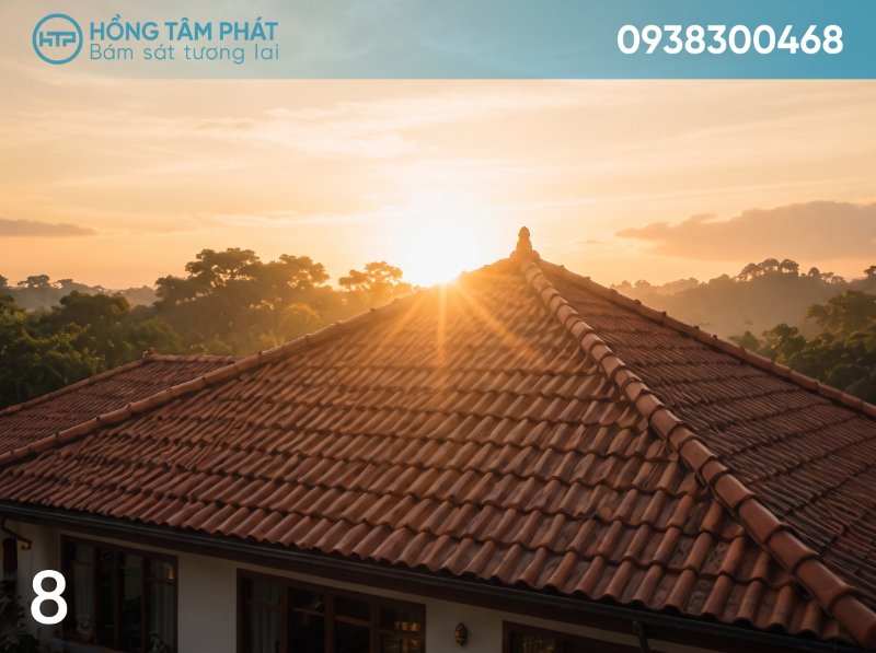 Sự kết hợp màu sắc tinh tế hiện rõ khi ngước lên nhìn mái ngói từ phía xa.