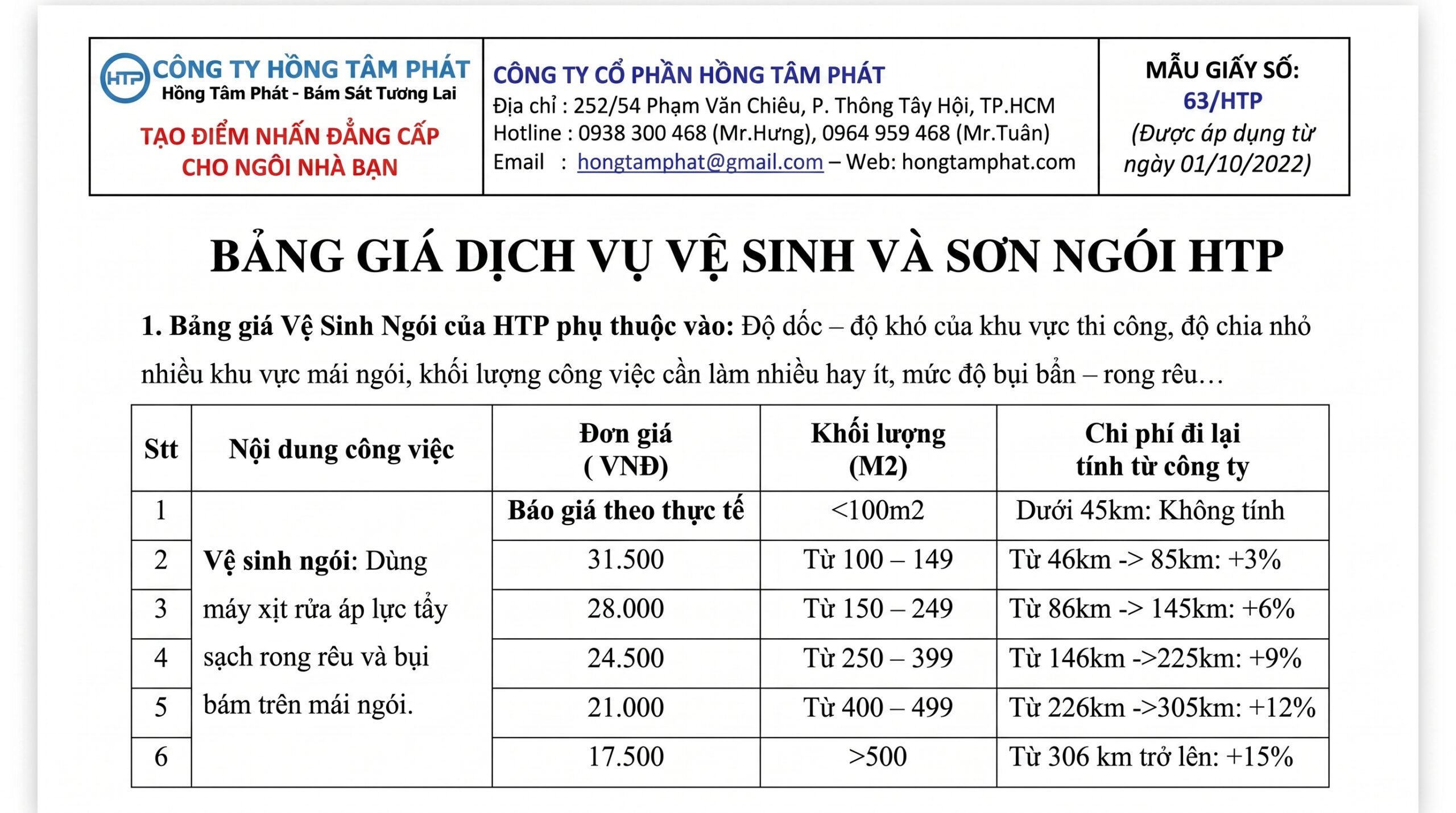 Cập nhật Bảng Giá vệ sinh Mái Ngói mới nhất từ công ty Hồng Tâm Phát.