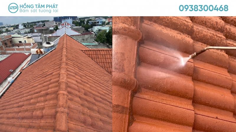 Cận cảnh phun rửa khi Vệ Sinh Mái Ngói Tại HCM cho mái biệt thự hiện đại.