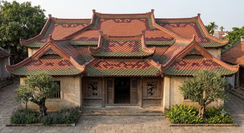 Đội thợ lành nghề đang Phục Hồi Ngói Mũi Hài cho mái đình, nhà gỗ cổ truyền.