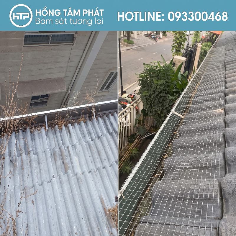 Rác lá cây tắc xối thoát nước – Mái ngói đọng nước lâu ngày.