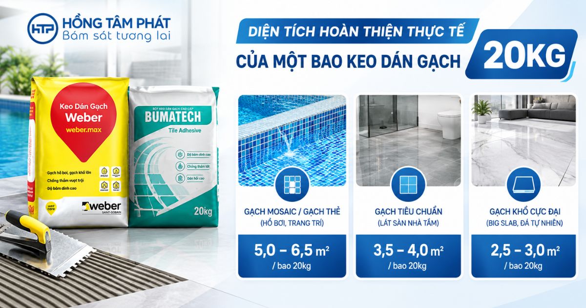 Diện tích hoàn thiện thực tế của một bao keo dán gạch 20kg