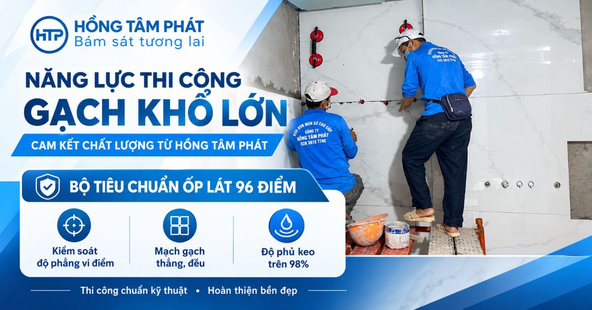 Để tôn vinh vẻ đẹp liền mạch của gạch khổ lớn, HTP ứng dụng công nghệ chà ron men sứ cao cấp