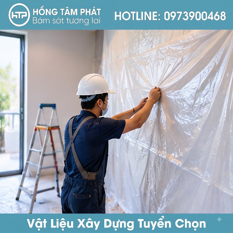 Cuộn Màng nilon che bụi có viền băng keo dán tiện lợi, dính cực chắc.