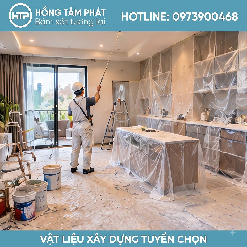 Sử dụng cuộn Nilon che bụi khi sơn nhà giúp sàn nhà luôn sạch bóng đẹp.