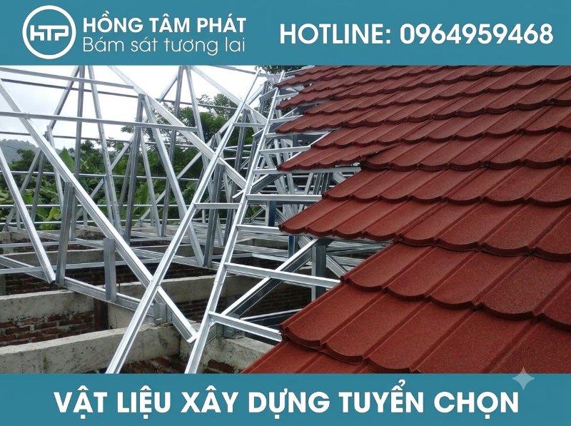 Ưu điểm mái ngói khung kèo thép nhẹ là lắp ráp nhanh bằng vít tự khoan tiện lợi.