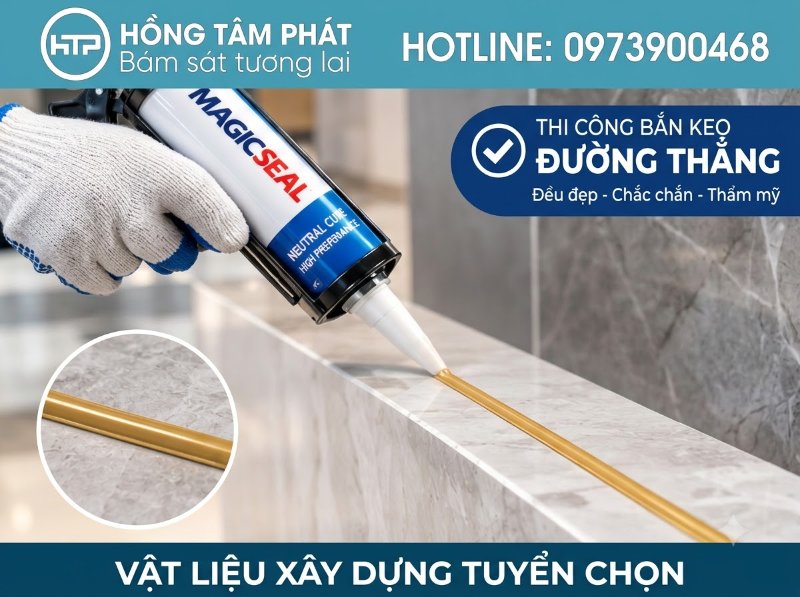 Thi công trám trét các chi tiết mạ vàng cực đẹp cùng silicone màu gold chính hãng.
