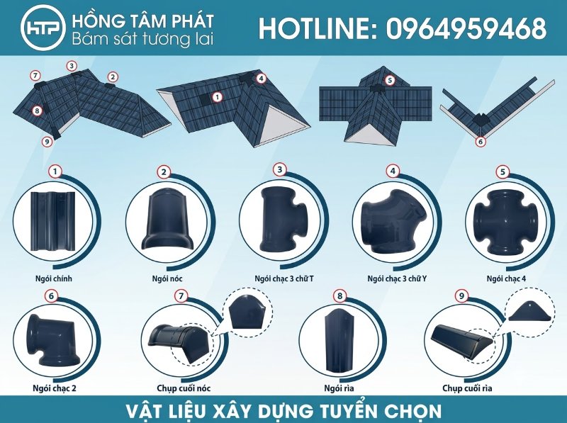 Các loại phụ kiện cho mái ngói như úp nóc, cuối rãnh đạt chuẩn chất lượng.