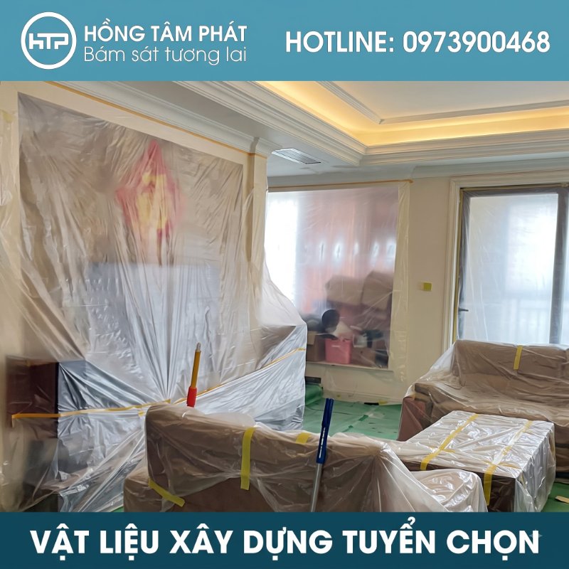Lớp Màng nilon che chắn bụi dày dặn giúp ngăn cách khu vực thi công an toàn.