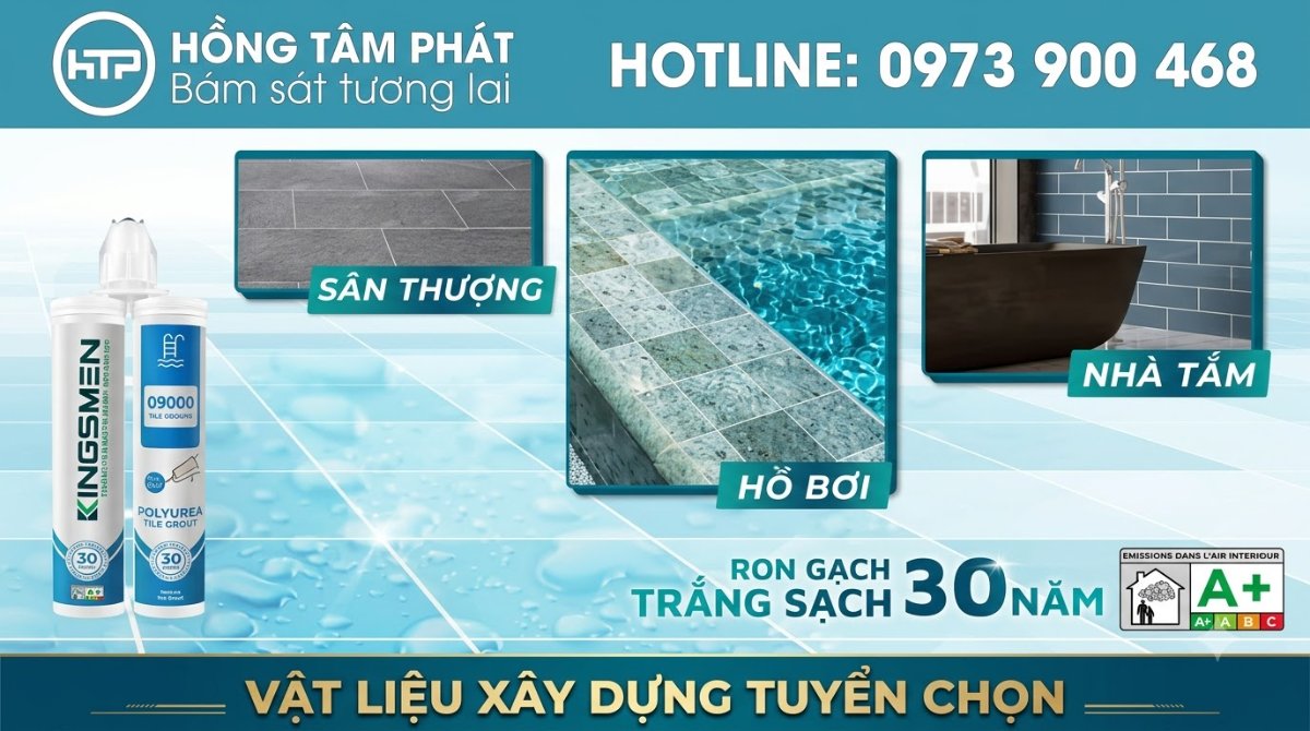 Thi công chuyên nghiệp cùng keo chà ron Kingsmen G9000 chống thấm dột cực kỳ hiệu quả.
