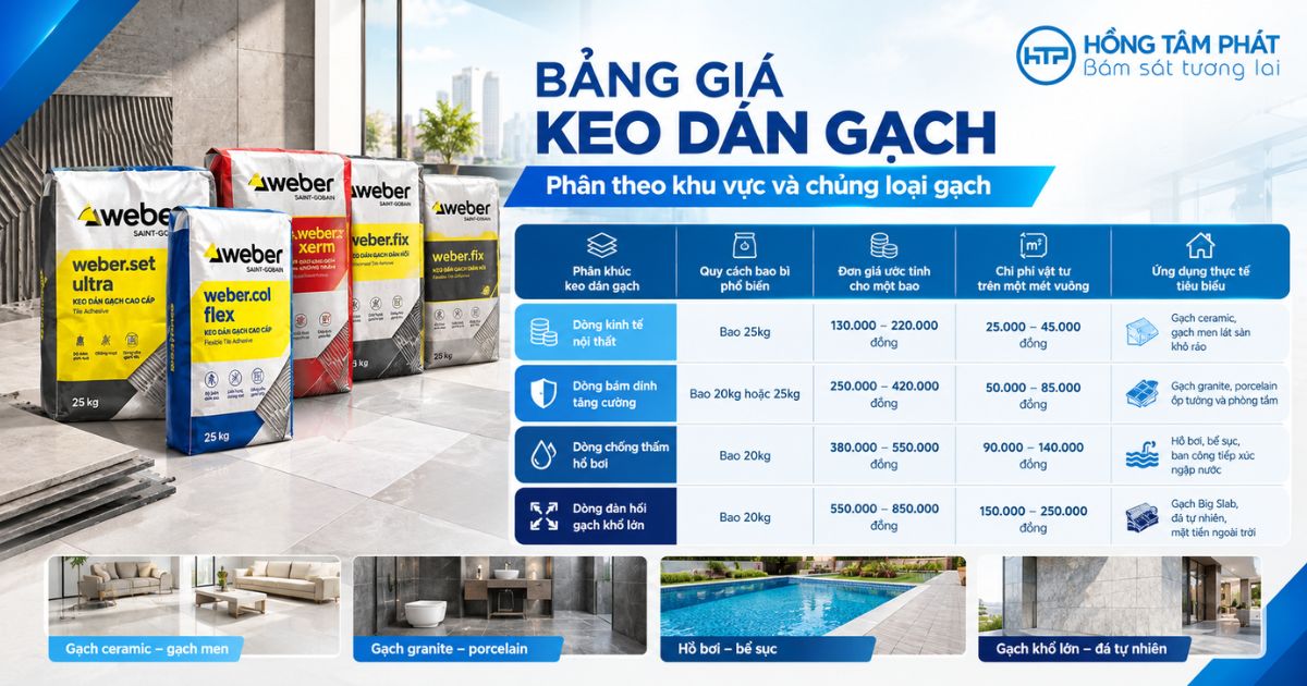 Bảng giá keo dán gạch phân theo khu vực và chủng loại gạch