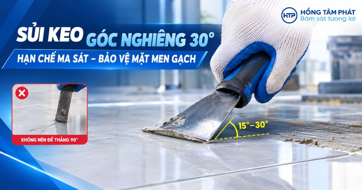 Thao tác sử dụng dao sủi góc nghiêng làm sạch vệt keo dán gạch trên mặt sàn