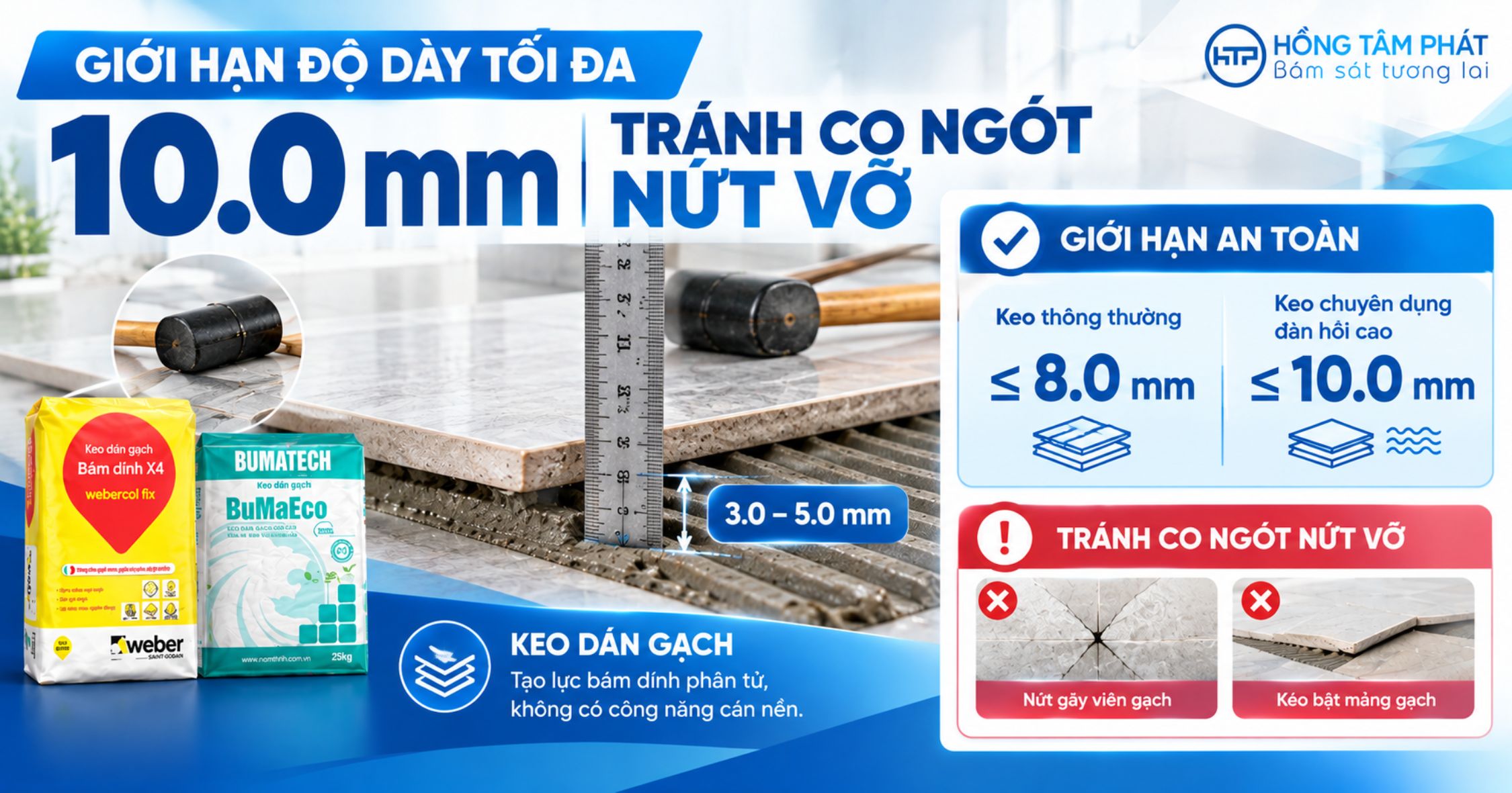 Đo kiểm độ dày keo dán gạch thực tế đạt chuẩn từ 3.0 đến 5.0 mm sau khi nén búa cao su