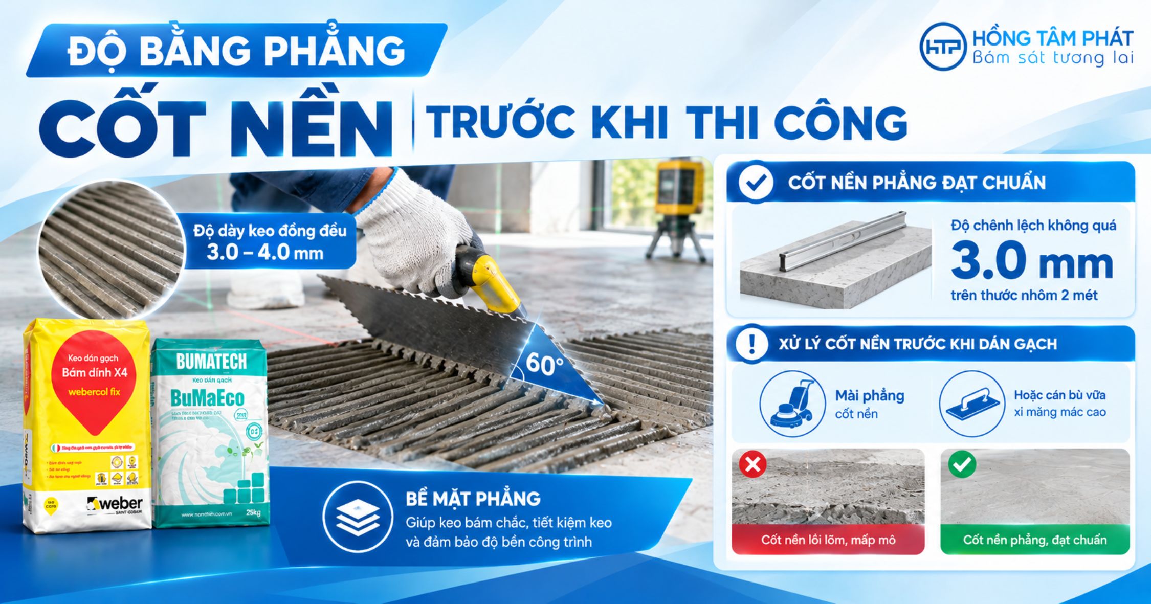 Thao tác kéo bay răng cưa góc nghiêng 60 độ kiểm soát độ dày keo dán gạch đồng đều