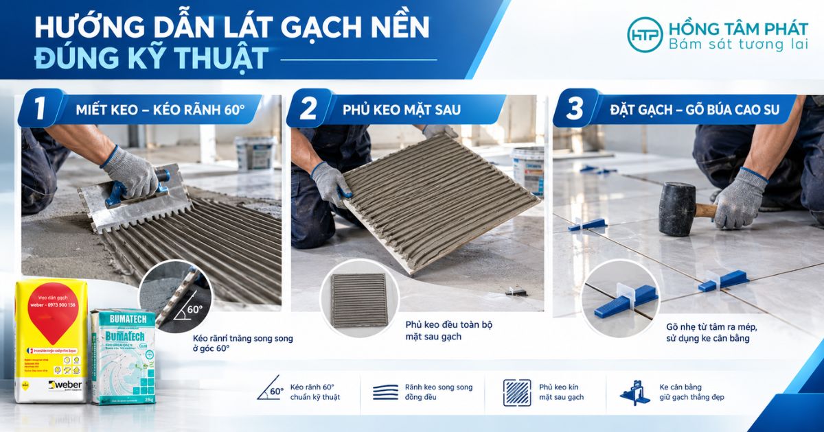 Thi công lát gạch nền nhà chuẩn xác bằng keo dán chuyên dụng tại Hồng Tâm Phát