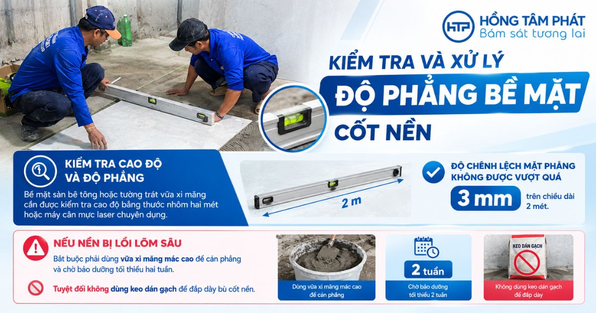 Bề mặt sàn bê tông cần được kiểm tra cao độ bằng thước nhôm hai mét