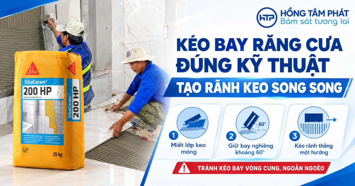Thao tác kéo bay răng cưa tạo rãnh keo theo một hướng