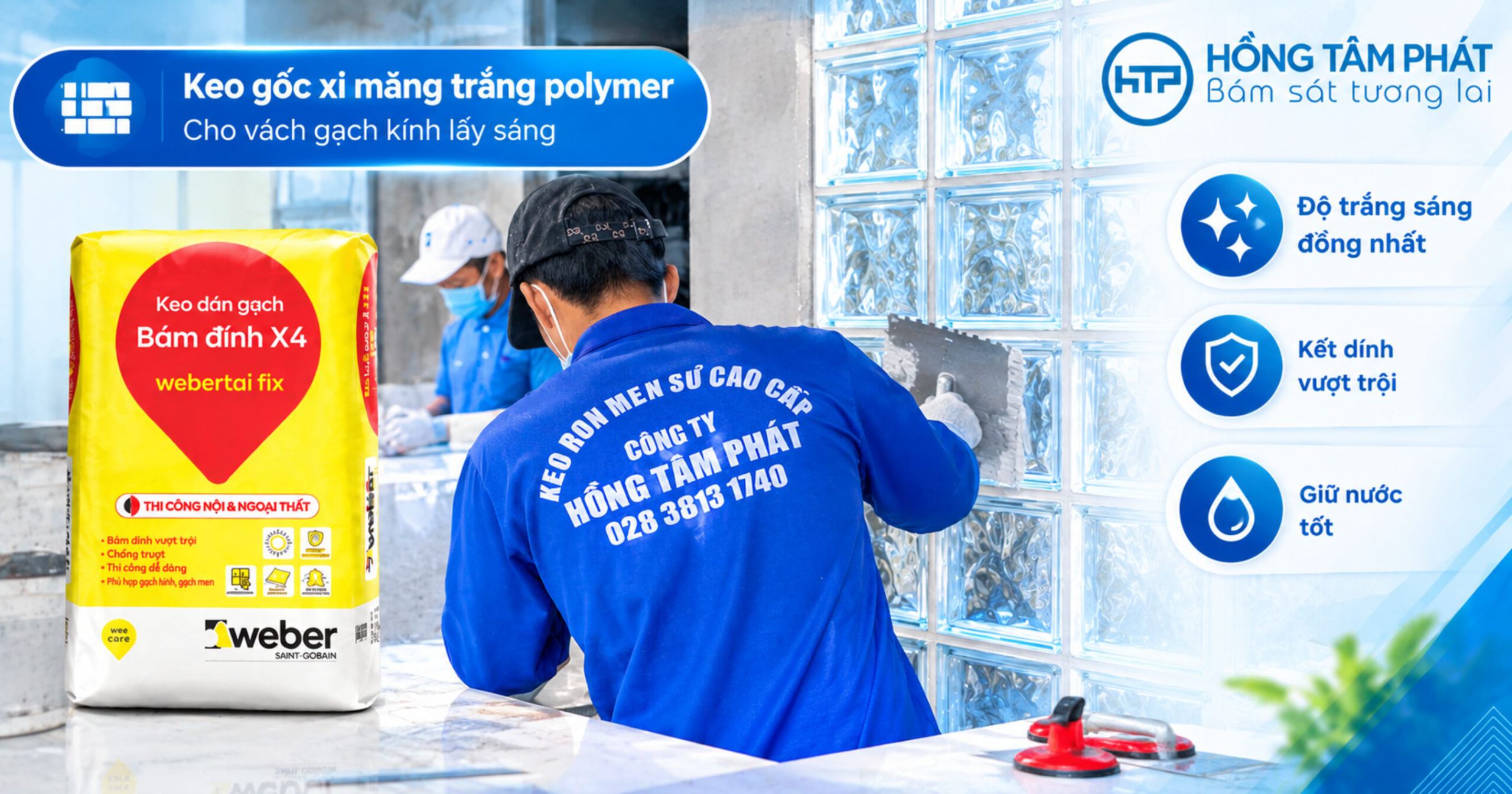 Thao tác thi công vách gạch kính lấy sáng bằng keo chuyên dụng tại công trình