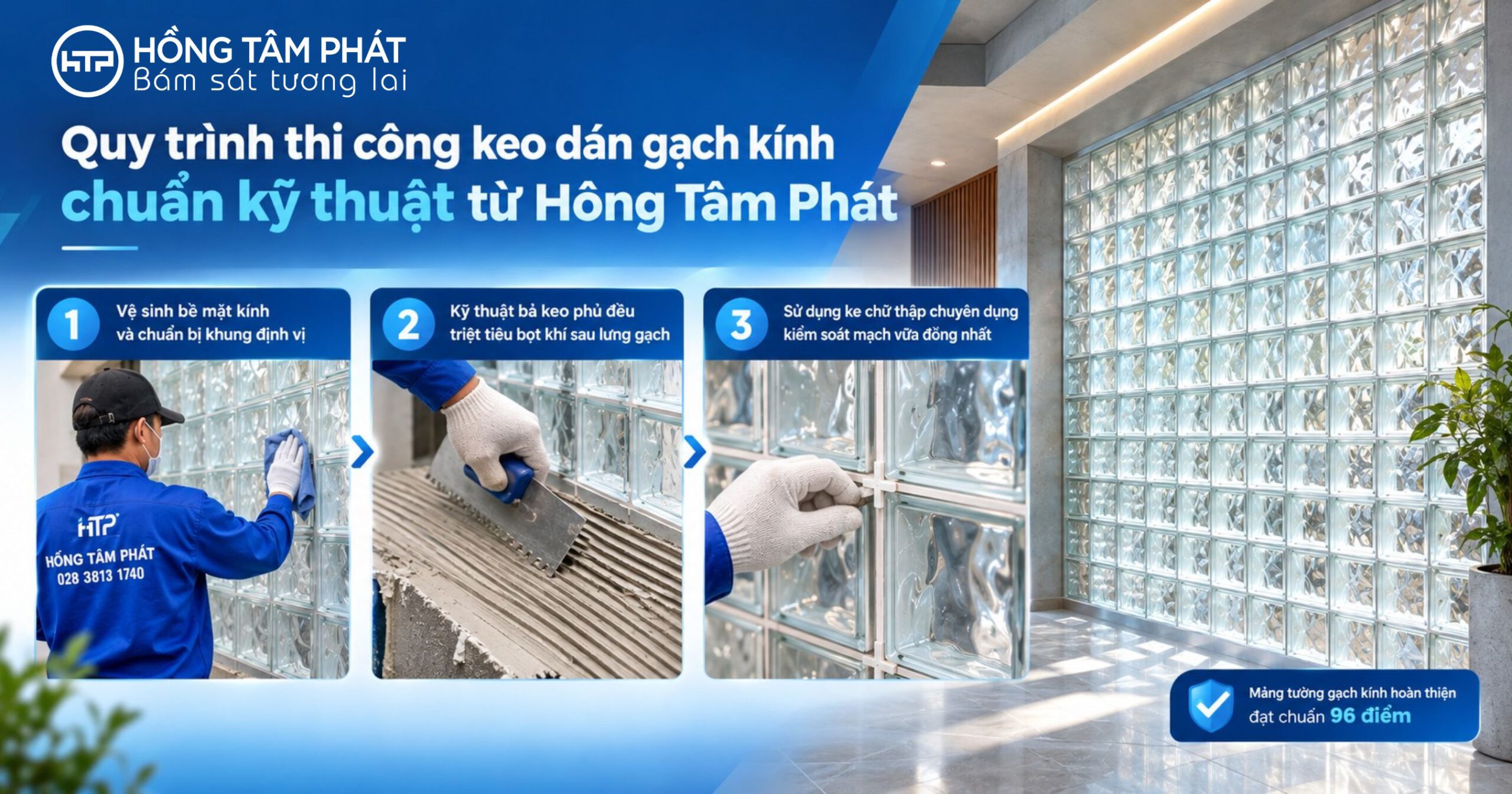 Mảng tường gạch kính hoàn thiện lung linh đạt chuẩn 96 điểm của Hồng Tâm Phát
