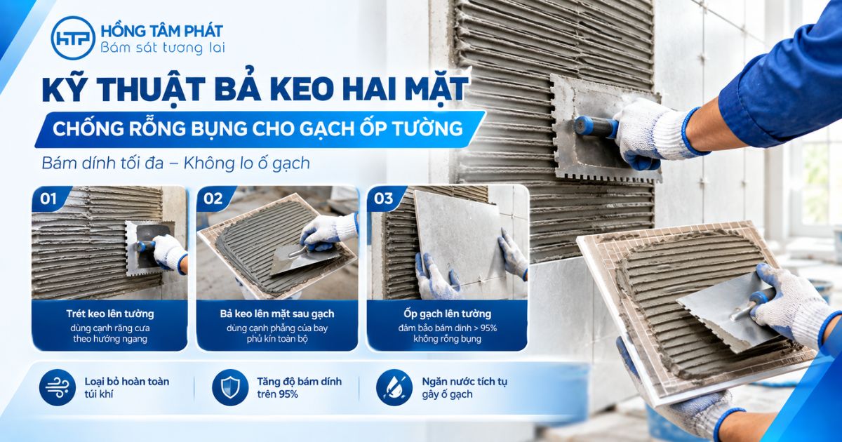 Kỹ thuật bả keo hai mặt chống rỗng bụng cho gạch ốp tường