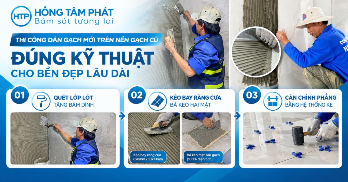 hi công dán gạch mới trên nền gạch cũ bằng ke cân bằng phẳng mịn của Hồng Tâm Phát