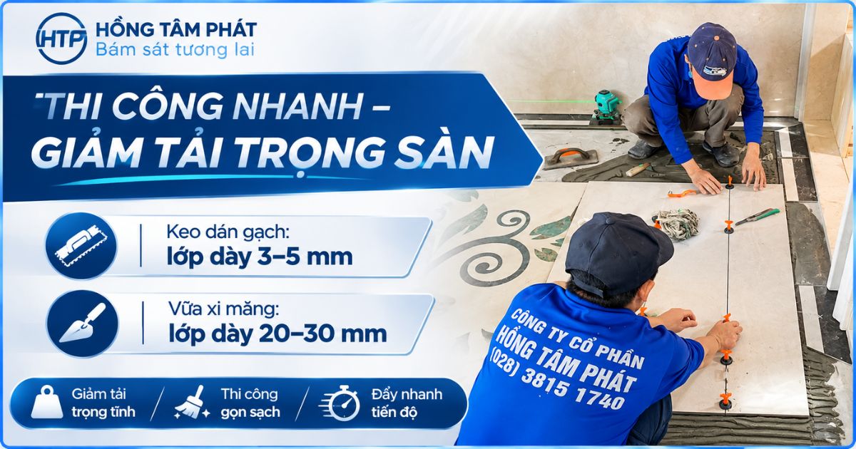 Lớp keo dán gạch chỉ dày từ 3 đến 5 mm, nhẹ hơn rất nhiều so với lớp vữa xi măng dày từ 20 đến 30 mm
