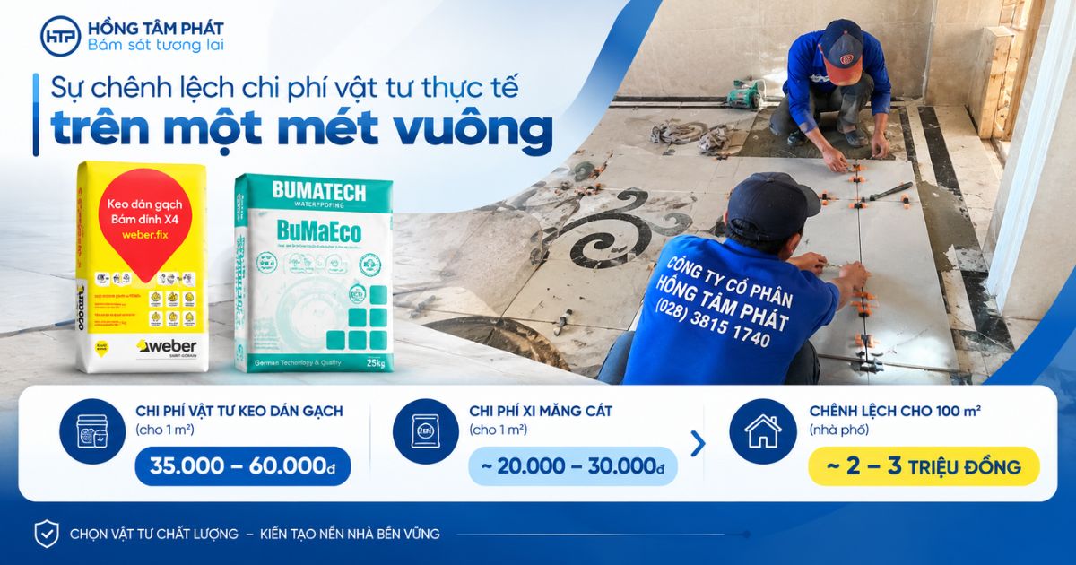 Sự chênh lệch chi phí vật tư thực tế trên một mét vuông