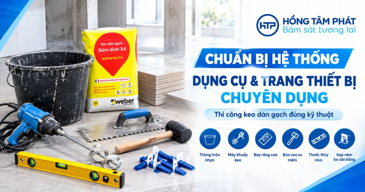 Chuẩn bị đầy đủ hệ thống dụng cụ chuyên nghiệp trước khi thi công keo dán gạch