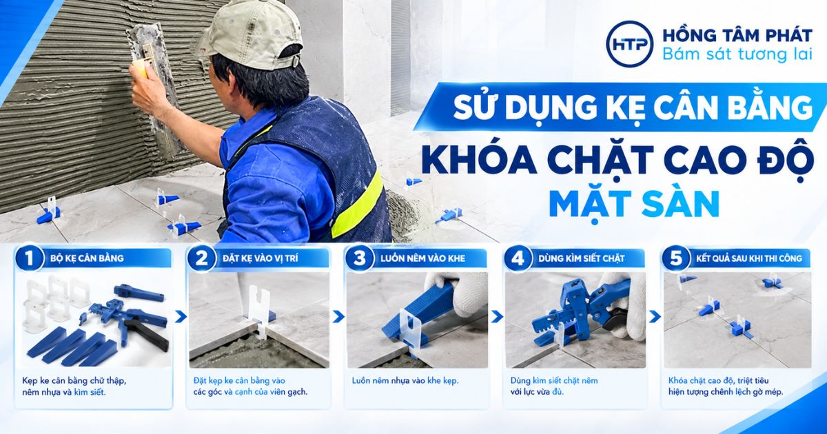 Thao tác kéo bay răng cưa và gắn ke cân bằng khi thi công keo dán gạch